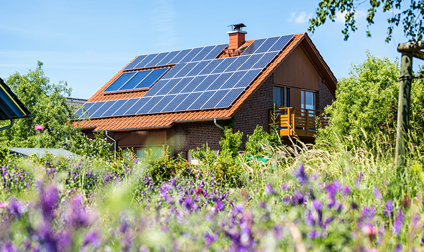Haus mit Solarpanels in einem Naturgarten